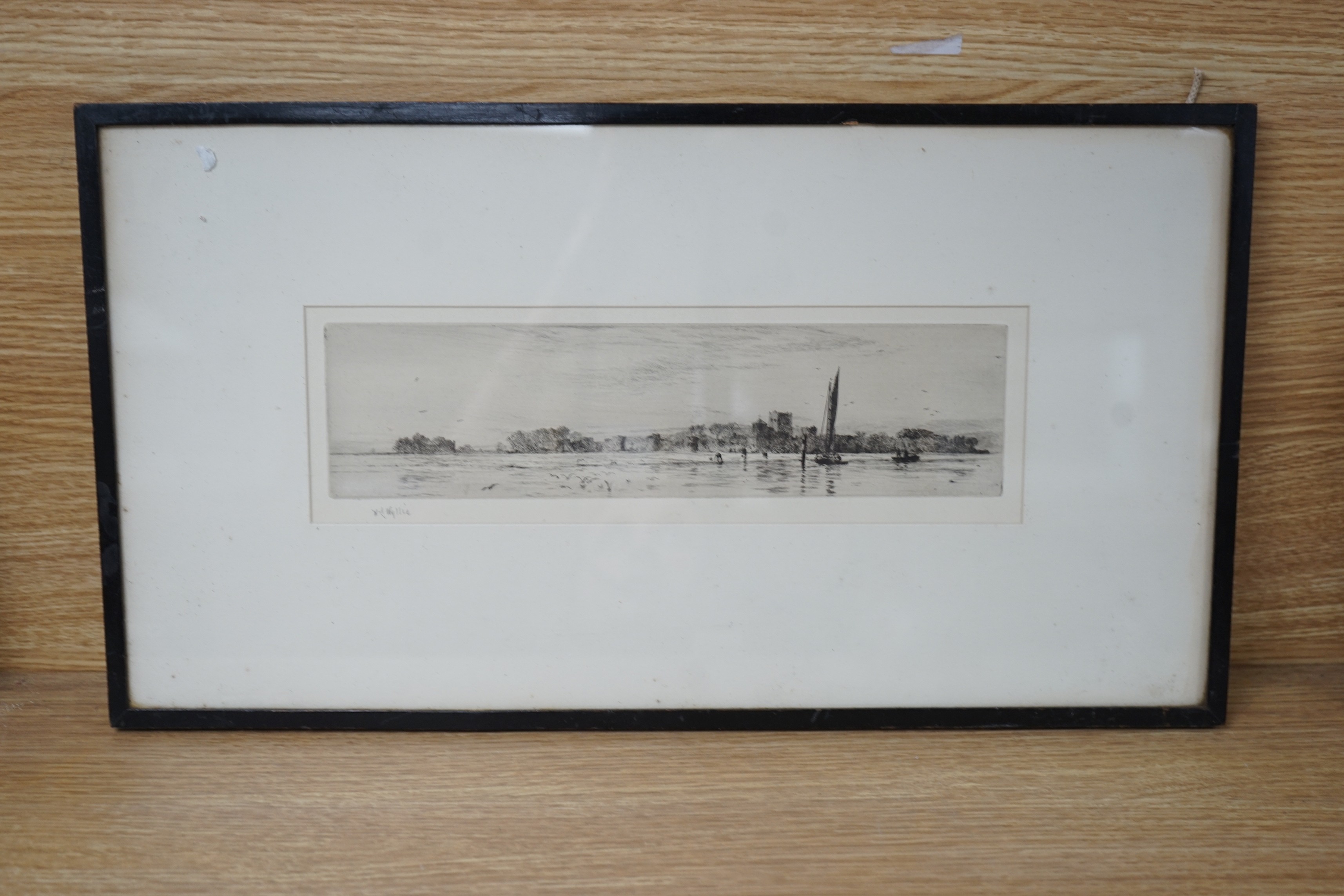 William Lionel Wyllie (1851-1931), etching, Portchester Castle at the head of Portsmouth harbour, signed in pencil, 8 x 30cm